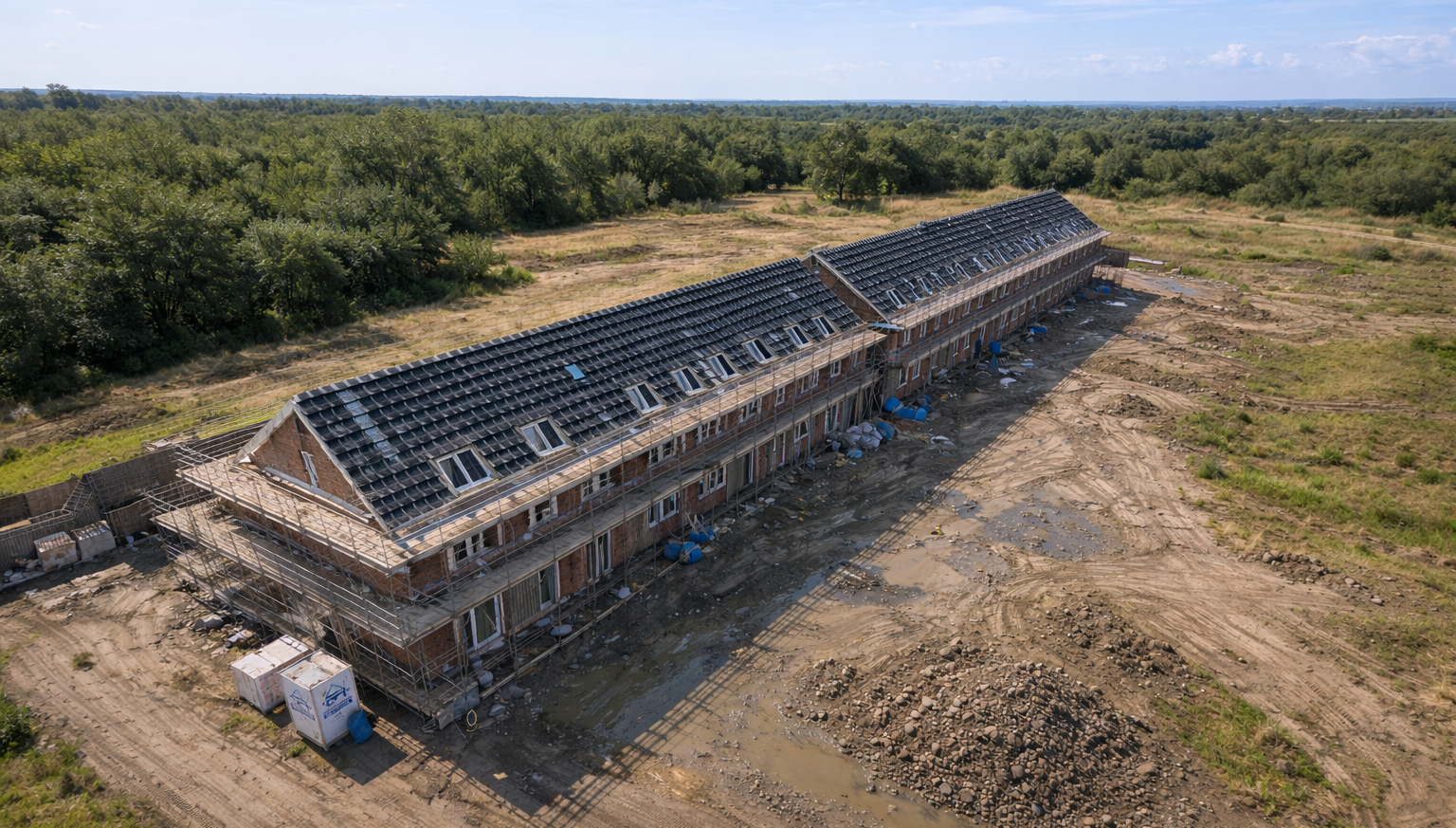 Luchtfoto fundering en constructie metselen rijtjeswoningen Klaaswaal — Wolfe Bouw