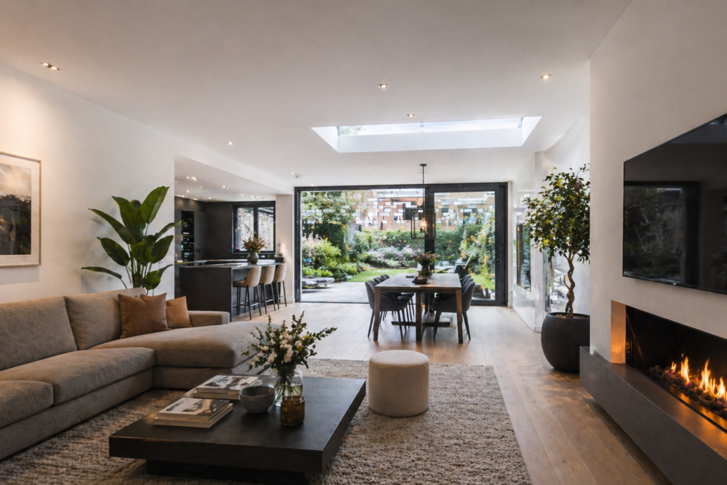 Stenen aanbouw woonkamer in aanbouw met metselwerk Wolfe Bouw Noord-Brabant Afgeronde uitbouw woning achterkant met openslaande deuren aanbouw project Wolfe Bouw Lage Zwaluwe | kosten uitbouw per m2