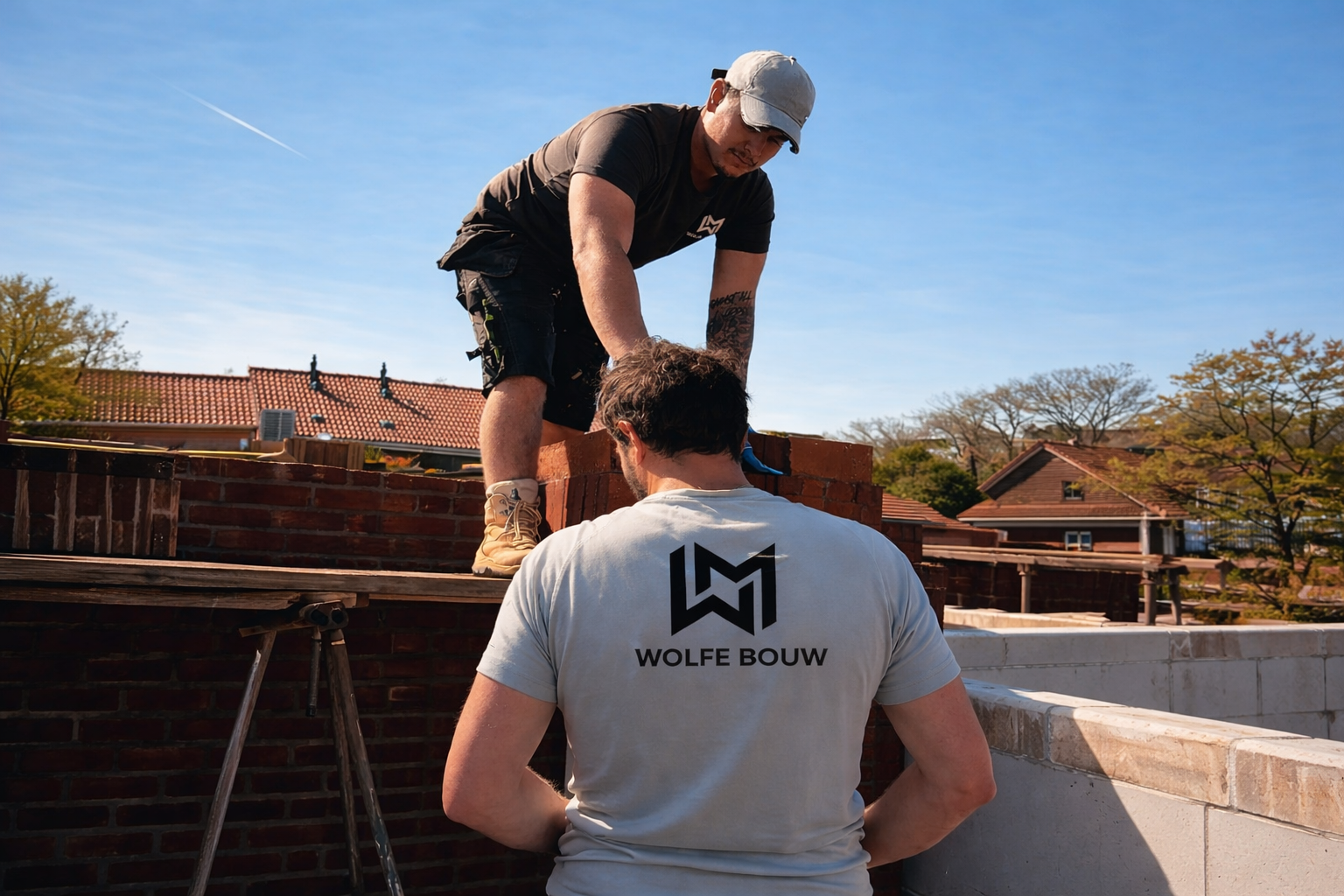 Marcello en collega van bouwbedrijf Brabant Wolfe Bouw op bouwlocatie