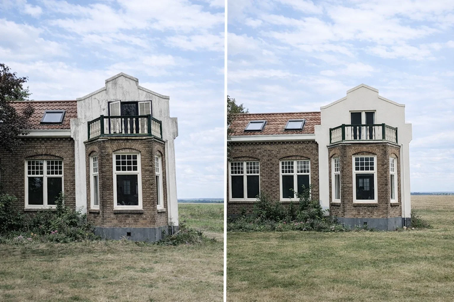Voor en na gevel schilderen verweerde villa Oudemolen — Wolfe Bouw Breda