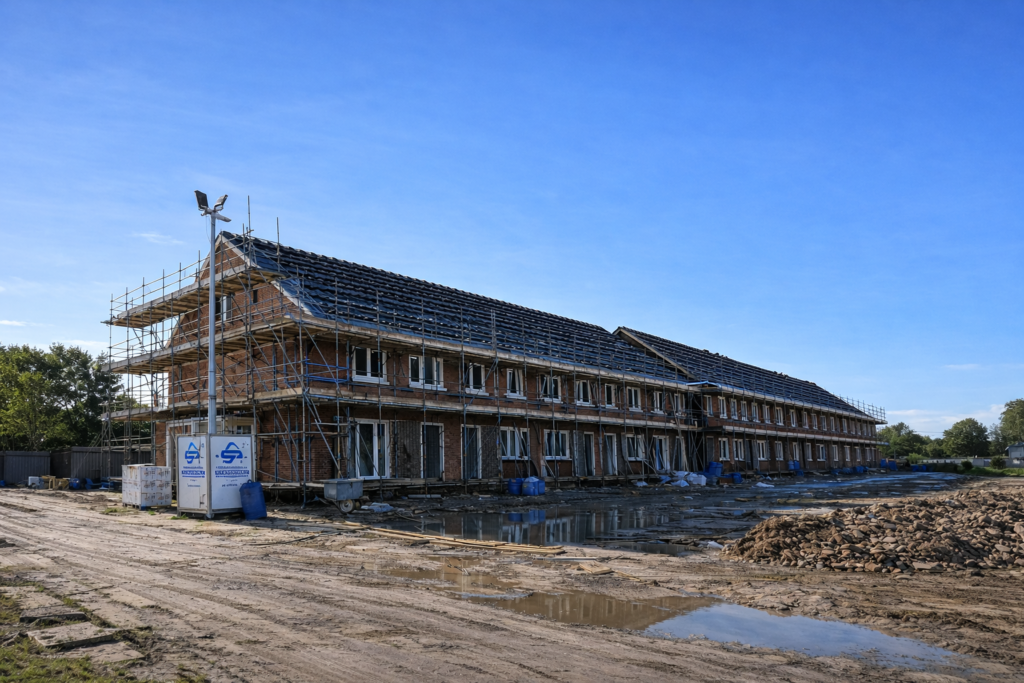 Metselwerk nieuwbouw rijtjeswoningen met steiger — Wolfe Bouw Breda