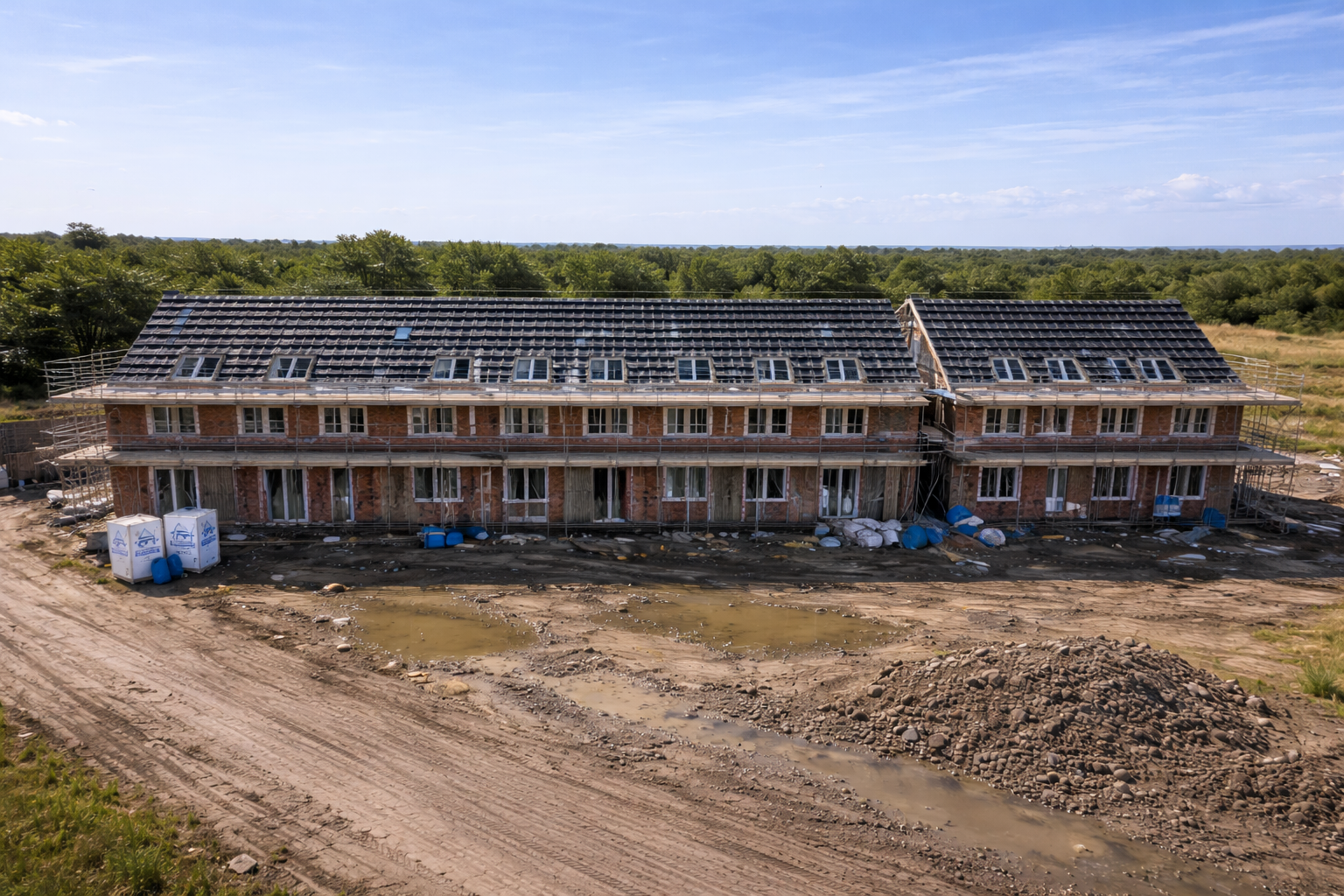 Bovenaanzicht metselen nieuwbouw rijtjeswoningen Klaaswaal — Wolfe Bouw Breda
