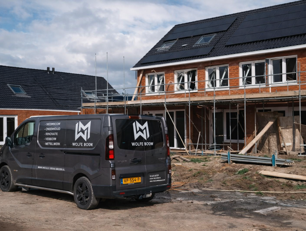Wolfe Bouw bedrijfsbus voor nieuwbouwwoning in aanbouw — bouwbedrijf Breda