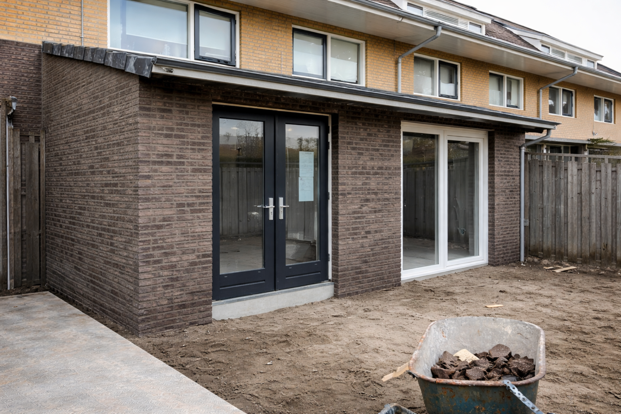 Uitbouw woonkamer met glazen pui en terras Dordrecht — Wolfe Bouw Breda