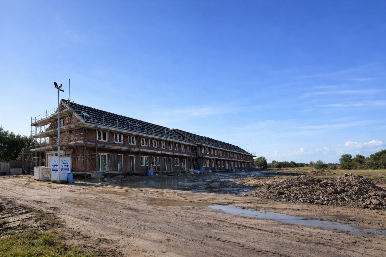 Metselen rijtjeswoningen Klaaswaal in aanbouw met steiger — Wolfe Bouw