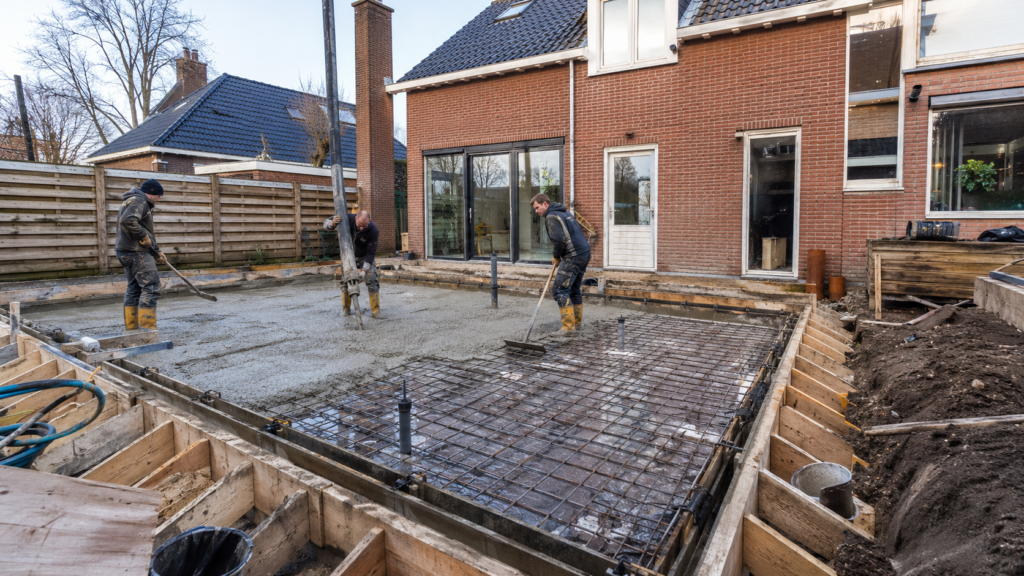 Stenen uitbouw in aanbouw waarbij de kosten uitbouw berekenen afhankelijk zijn van materiaal en arbeid.