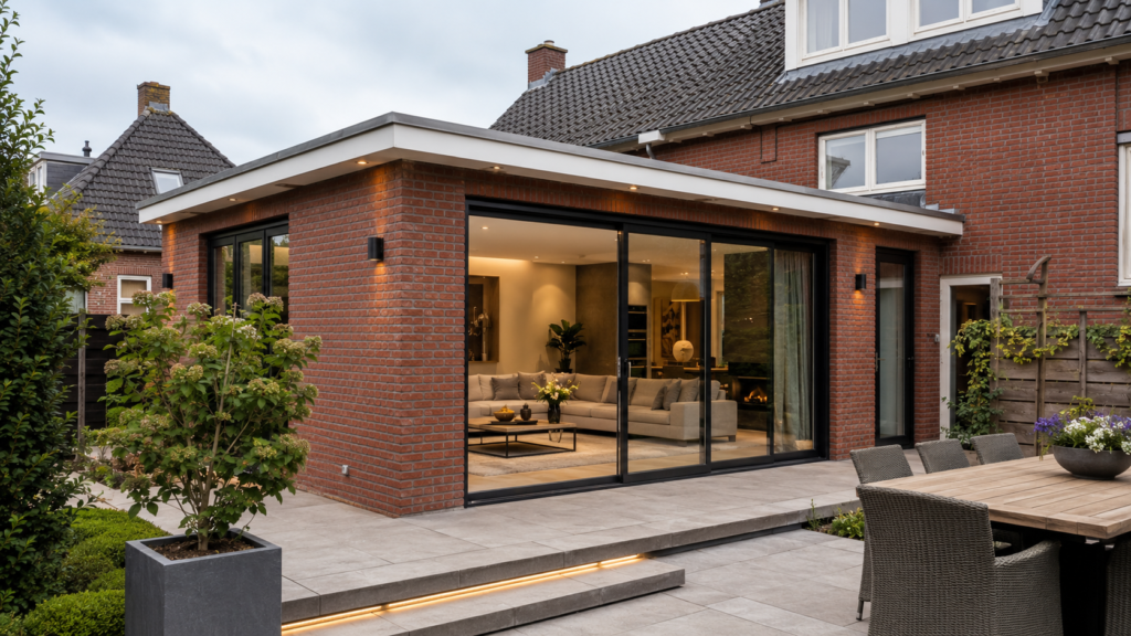 Afgeronde luxe uitbouw woning met voorbeeld van uitbouw kosten per m² in 2026.